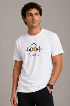 Erkek Müzik Temalı Baskılı Tişört Bisiklet Yaka Kısa Kol T-Shirt - Beyaz