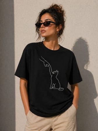 Kadın Minimal Kedi Çizim Baskılı Tişört Kısa Kol Yazlık T-Shirt - Siyah
