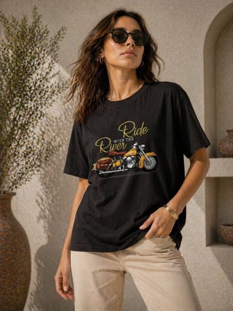 Kadın Motosiklet Baskılı Tişört Bisiklet Yaka Kısa Kol Yazlık T-Shirt - Siyah