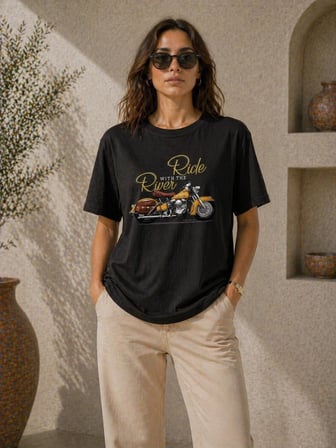Kadın Motosiklet Baskılı Tişört Bisiklet Yaka Kısa Kol Yazlık T-Shirt - Siyah