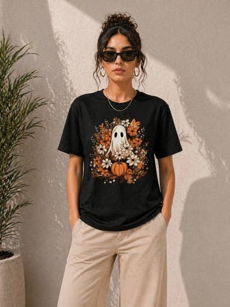 Kadın Balkabağı Hayalet Baskılı Tişört Kısa Kol Yazlık T-Shirt - Siyah