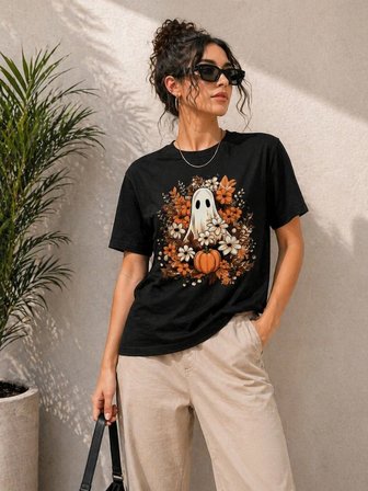 Kadın Balkabağı Hayalet Baskılı Tişört Kısa Kol Yazlık T-Shirt - Siyah