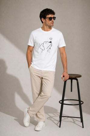 Erkek Köpek Figürlü Minimal Baskılı Tişört Kısa Kol Yazlık T-Shirt - Beyaz