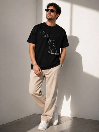Erkek Minimal Kedi Çizim Baskılı Tişört Kısa Kol Yazlık T-Shirt - Siyah