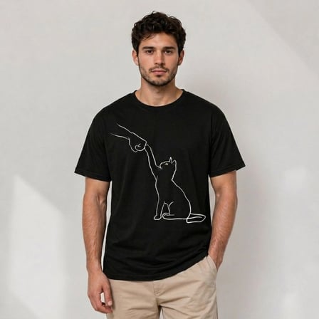 Erkek Minimal Kedi Çizim Baskılı Tişört Kısa Kol Yazlık T-Shirt - Siyah