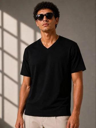 Erkek V Yaka Basic Tişört Kısa Kol Yazlık Regular Fit T-Shirt - Siyah