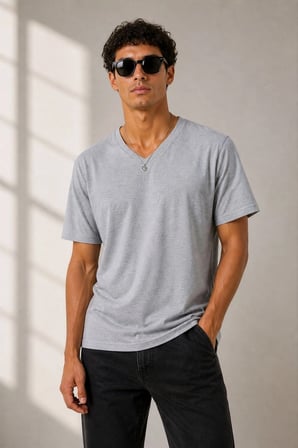 Erkek V Yaka Basic Tişört Kısa Kol Yazlık Regular Fit T-Shirt - Gri