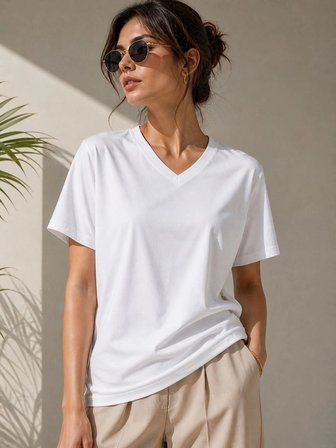 Kadın V Yaka Basic Tişört Kısa Kol Yazlık Regular Fit T-Shirt - Beyaz