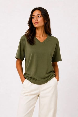 Kadın V Yaka Basic Tişört Kısa Kol Yazlık Regular Fit T-Shirt - Haki