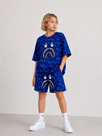 Kız Çocuk Oversize Kalıp Pubg Bape X Shark Nakışlı Cepli Şort Takım - Mavi
