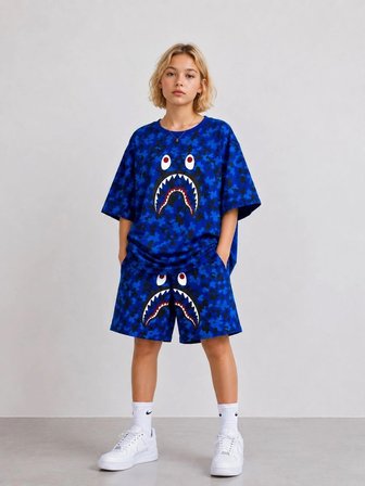 Kız Çocuk Oversize Kalıp Pubg Bape X Shark Nakışlı Cepli Şort Takım - Mavi
