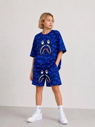 Erkek Çocuk Oversize Kalıp Pubg Bape X Shark Nakışlı Cepli Şort Takım - Siyah
