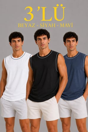 Erkek 3 lü Kolsuz Sporcu Atlet Seti Yazlık Bisiklet Yaka - Siyah, Beyaz, İndigo