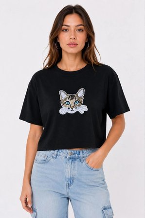 Kadın Kedi Baskılı Oversize Crop Tişört Salaş Basic Yarım Kol T-shirt - Siyah