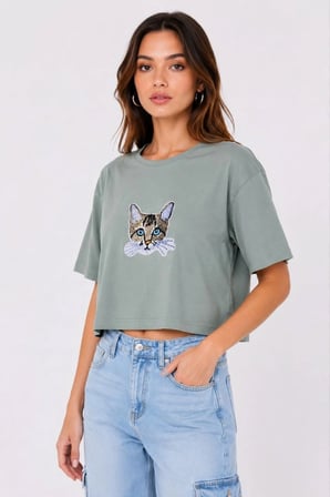 Kadın Kedi Baskılı Oversize Crop Tişört Salaş Basic Yarım Kol T-shirt - Mint Yeşili