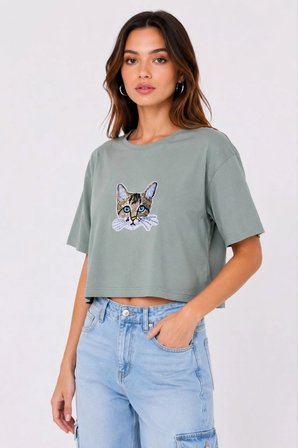 Kadın Kedi Baskılı Oversize Crop Tişört Salaş Basic Yarım Kol T-shirt - Mint Yeşili