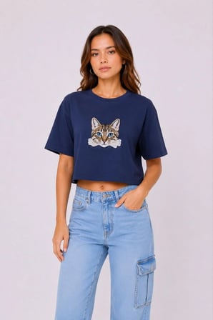 Kadın Kedi Baskılı Oversize Crop Tişört Salaş Basic Yarım Kol T-shirt - Lacivert