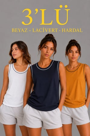 Kadın 3’lü Kolsuz Sporcu Atlet Seti Yazlık Bisiklet Yakalı - Beyaz, Lacivert, Hardal