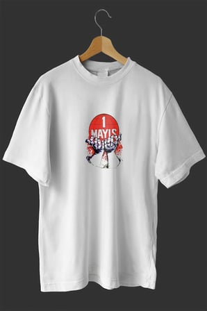 1 Mayıs Emek ve Dayanışma Günü Baskılı Oversize Bisiklet Yaka T-shirt - Beyaz