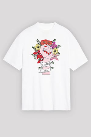8 Mart Dünya Kadınlar Günü Baskılı Oversize Bisiklet Yaka T-shirt - Beyaz