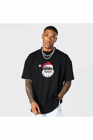Yılbaşı Gözlüklü Noel Baba Baskılı Kısa Kollu Oversize Bisiklet Yaka T-shirt - Siyah