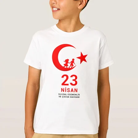 Çocuk 23 Nisan Ulusal Egemenlik ve Çocuk Bayramı Baskılı Bisiklet Yaka T-shirt - Beyaz