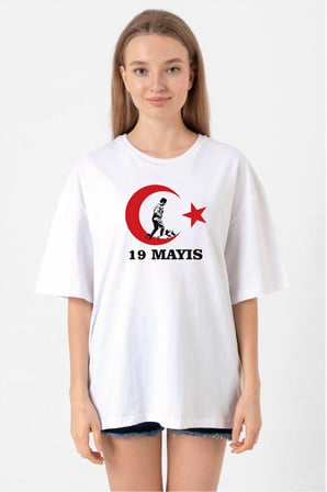 19 Mayıs Atatürk Gençlik Spor Bayramı Baskılı Bisiklet Yaka T-shirt - Beyaz