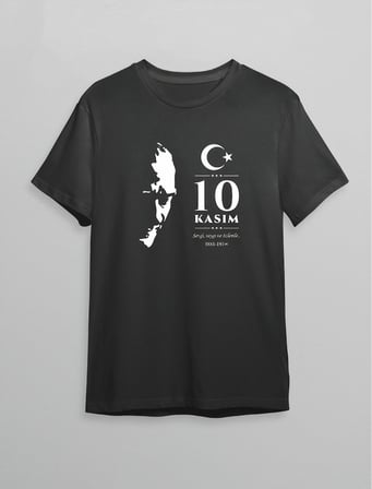 10 Kasım Atatürk Anma Günü Silüet Baskılı Oversize Bisiklet Yaka T-shirt - Siyah