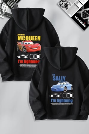 Sevgililer Günü Araba Temalı Baskılı Oversize Kapüşonlu Sweatshirt Hoodie - Siyah