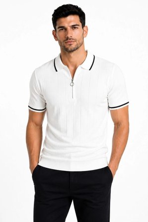 Erkek Fitilli Triko T-shirt Polo Yaka Yarım Fermuarlı Kısa Kollu Tişört - Beyaz