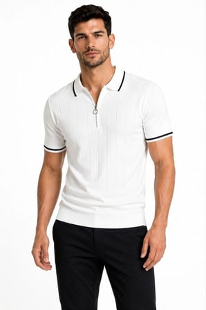 Erkek Fitilli Triko T-shirt Polo Yaka Yarım Fermuarlı Kısa Kollu Tişört - Beyaz