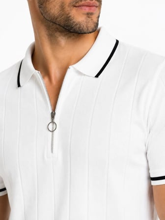 Erkek Fitilli Triko T-shirt Polo Yaka Yarım Fermuarlı Kısa Kollu Tişört - Beyaz