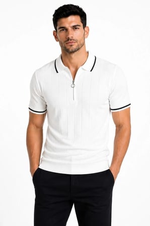 Erkek Fitilli Triko T-shirt Polo Yaka Yarım Fermuarlı Kısa Kollu Tişört - Beyaz