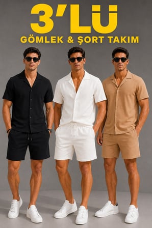 Erkek 3 lü Krep Kumaş Cepli Gömlek Şort Takım Kısa Kollu Bağcıklı - Siyah , Beyaz , Bej