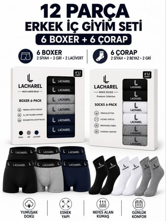Erkek 12'li İç Giyim Seti Pamuklu 6 Boxer 6 Çorap Çoklu Paket - Siyah - Lacivert - Gri - Beyaz