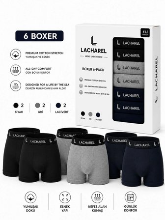 Erkek 12'li İç Giyim Seti Pamuklu 6 Boxer 6 Çorap Çoklu Paket - Siyah - Lacivert - Gri - Beyaz