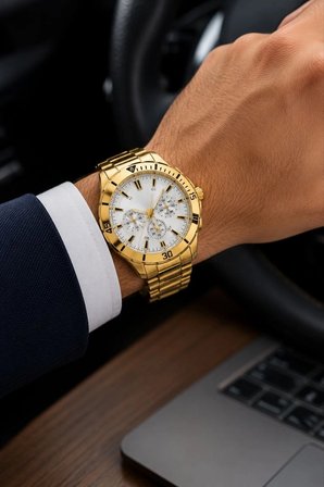 Erkek Gold Renk Metal Kordon Analog Kol Saati Beyaz Kadran Takvim Göstergeli