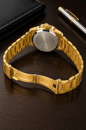 Erkek Gold Renk Metal Kordon Analog Kol Saati Beyaz Kadran Takvim Göstergeli
