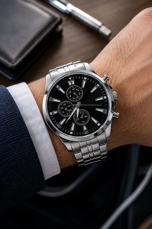 Erkek Gümüş Renk Metal Kordon Analog Kol Saati Takvim Göstergeli Siyah Kadran - Gümüş