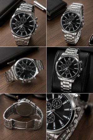 Erkek Gümüş Renk Metal Kordon Analog Kol Saati Takvim Göstergeli Siyah Kadran - Gümüş