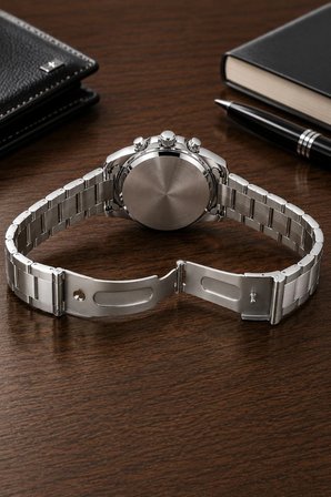 Erkek Gümüş Renk Metal Kordon Analog Kol Saati 24 Saat Takvim Göstergeli Gri Kadran - Gümüş