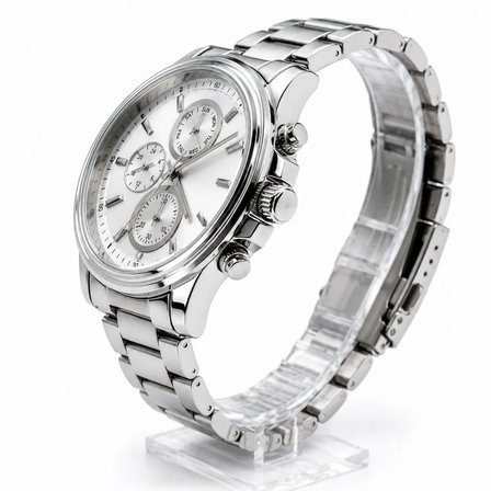 Erkek Gümüş Renk Metal Kordon Analog Kol Saati Takvim Göstergeli Beyaz Kadran - Gümüş