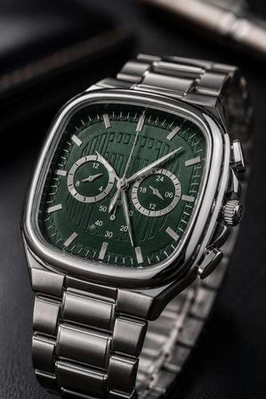 Erkek Gümüş Metal Kordon Analog Kol Saati Yeşil Kadran Takvim Göstergeli - Gümüş