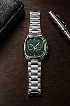 Erkek Gümüş Metal Kordon Analog Kol Saati Yeşil Kadran Takvim Göstergeli - Gümüş