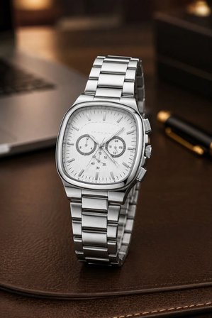 Erkek Gümüş Renk Metal Kordon Analog Kol Saati Çok Fonksiyonlu Beyaz Kadran - Gümüş