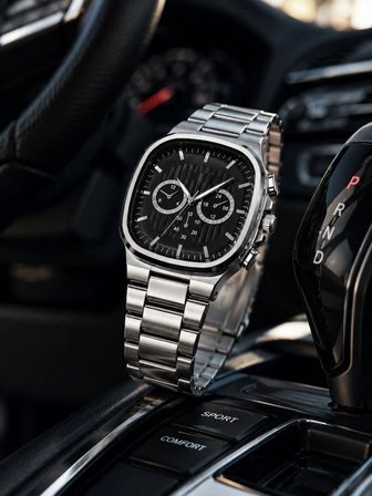 Erkek Gümüş Renk Metal Kordon Analog Kol Saati Siyah Kadran Takvim Göstergeli - Gümüş