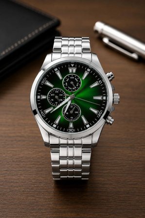 Erkek Gümüş Renk Metal Kordon Analog Kol Saati Takvim Göstergeli Yeşil Siyah Kadran - Gümüş