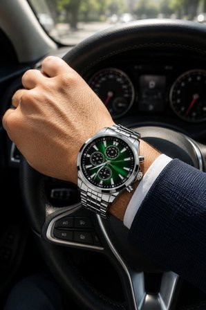 Erkek Gümüş Renk Metal Kordon Analog Kol Saati Takvim Göstergeli Yeşil Siyah Kadran - Gümüş