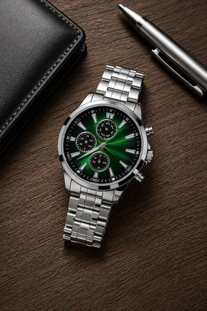 Erkek Gümüş Renk Metal Kordon Analog Kol Saati Takvim Göstergeli Yeşil Siyah Kadran - Gümüş
