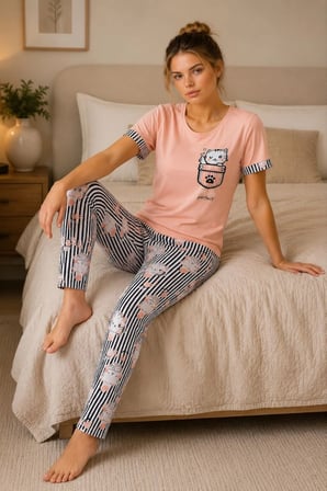 Kadın Pamuklu Penye Kedi Baskılı Kısa Kollu Bisiklet Yaka Çizgili Pijama Takımı - Pudra